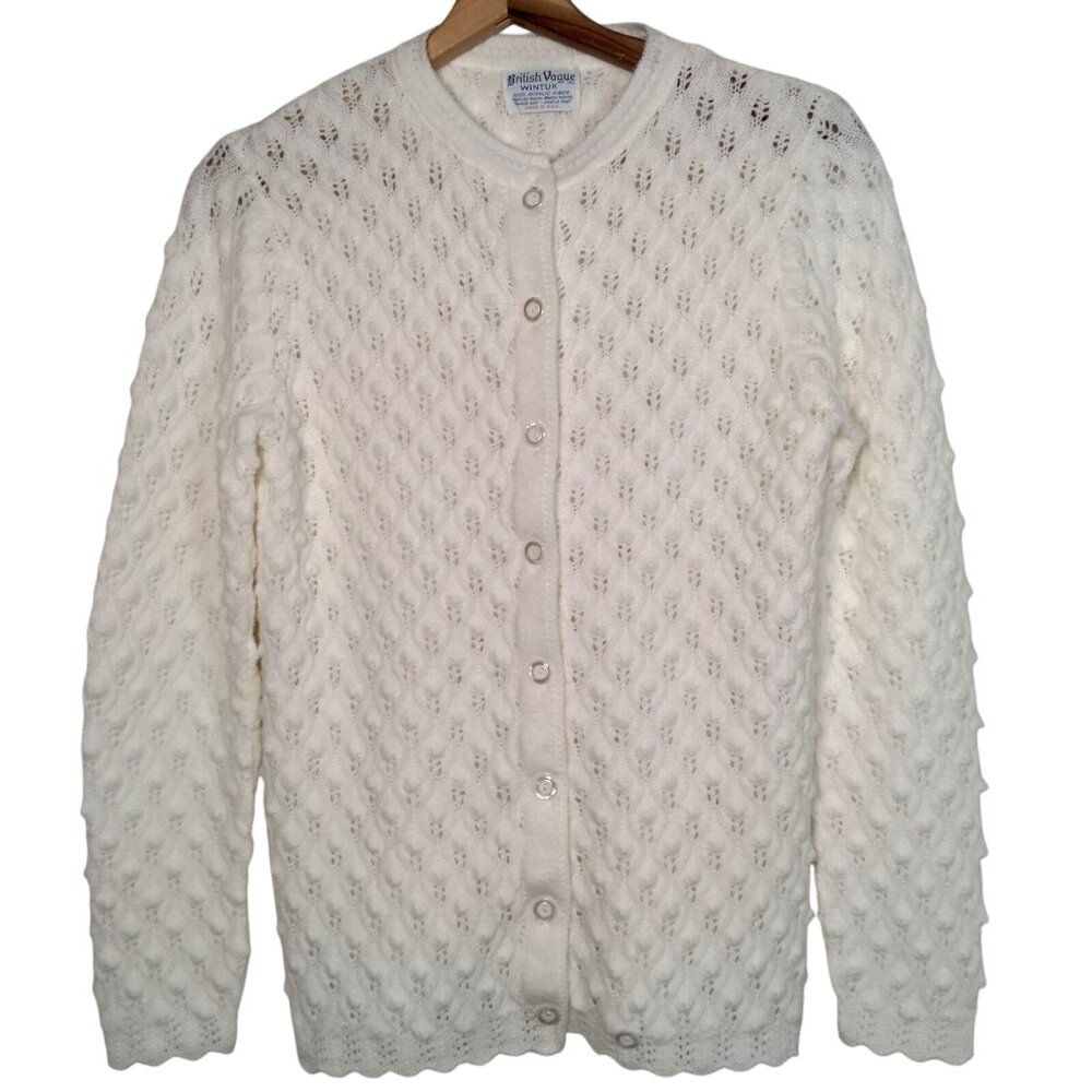 Vintage British Vogue Wintuk Cardigan Sweater Granny Button Textured Knit Cream